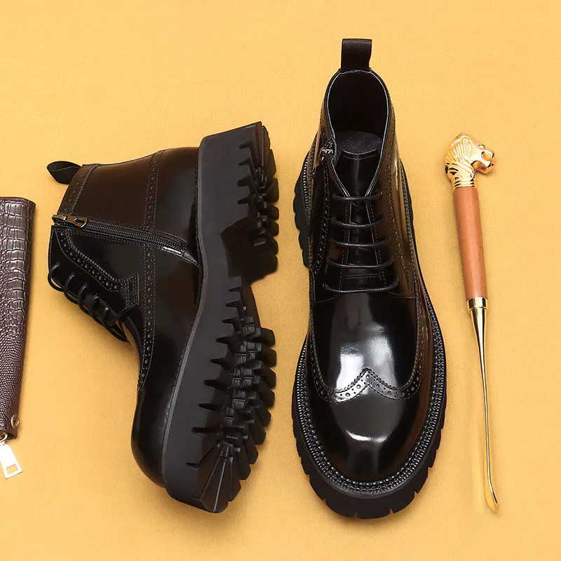 Top Layer Cowhide Men's Leather Shoes Martin Boots Men High Top British Style Carved Genuine Leather Brogue Boots Glossy Platform High-Top Shoes23683