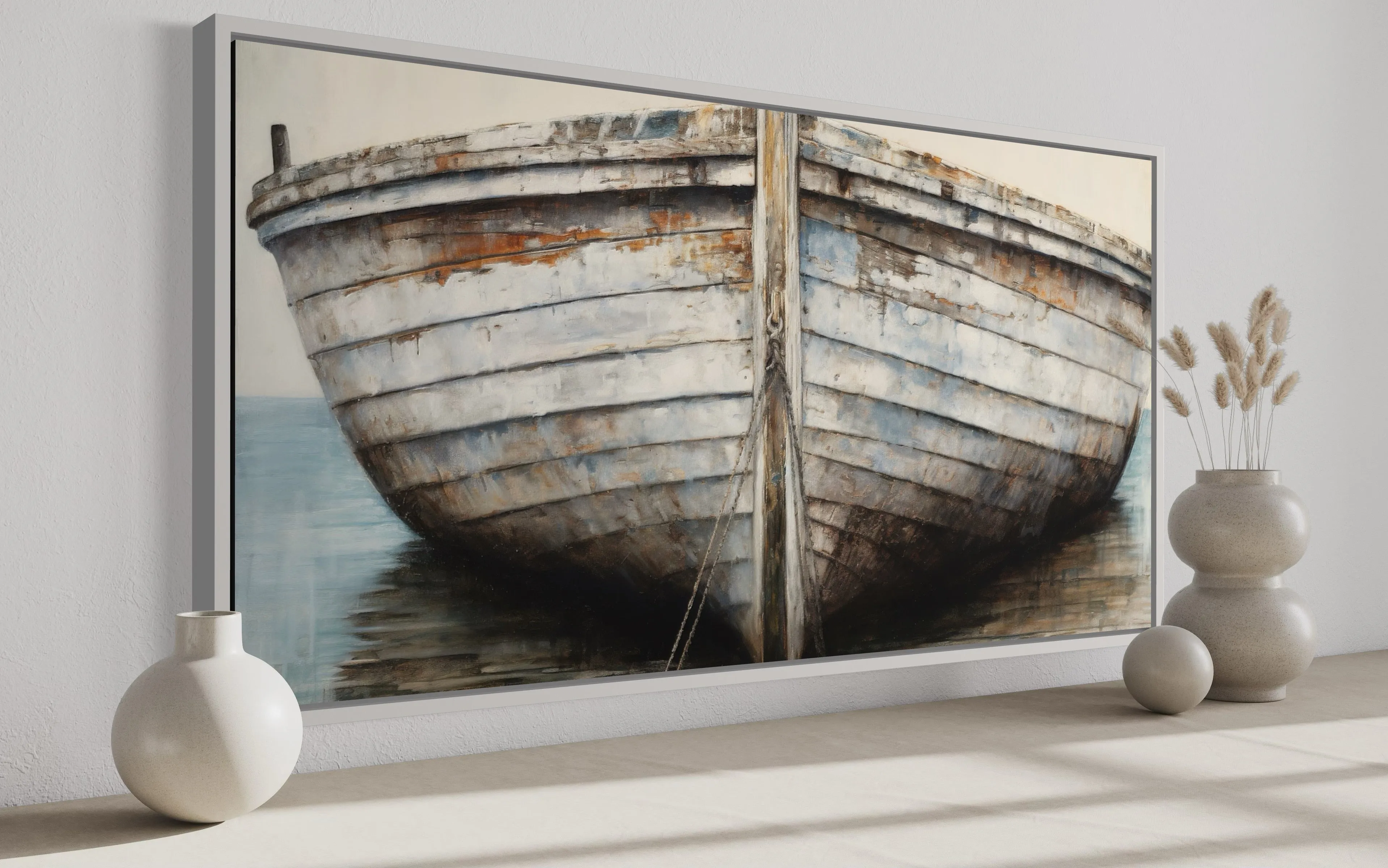 White Brown Rustic Old Boat Close Up Framed Canvas Wall Art