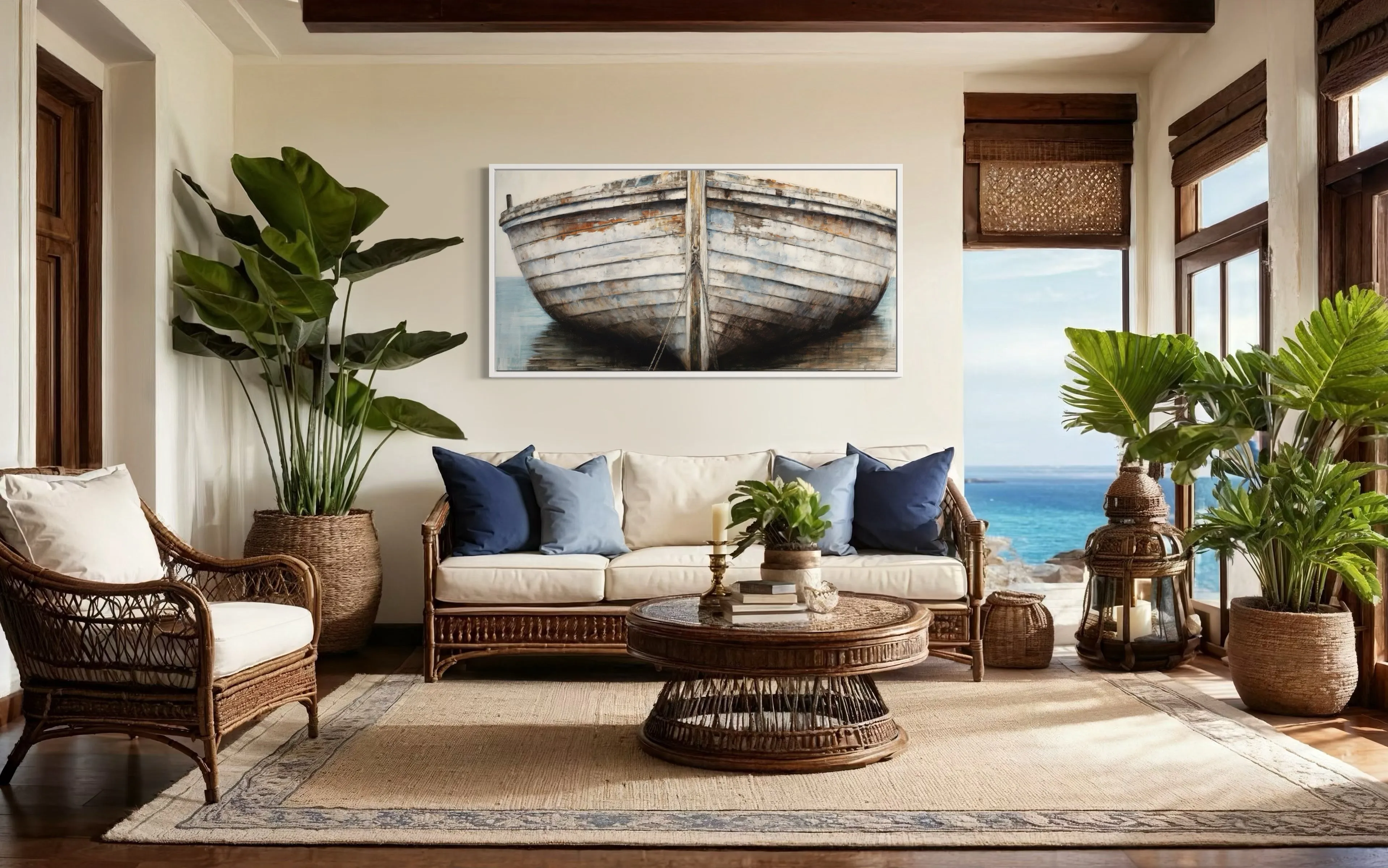 White Brown Rustic Old Boat Close Up Framed Canvas Wall Art